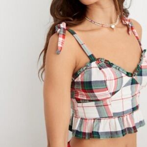 Aerie flannel Plaid Tie-Strap Crop Top w ruffle  in Red, Green, and White